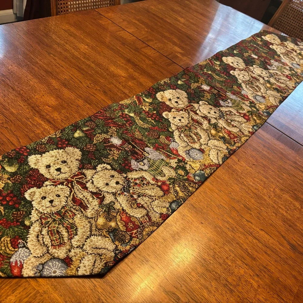 Holiday Tapestry Table Runner with Teddy Bears